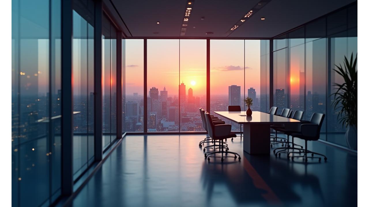 Moderne Bürogebäude und die Skyline von Düsseldorf bei Sonnenuntergang