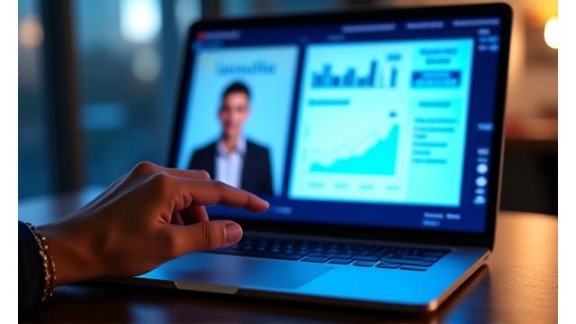 Bildschirmausschnitt eines Webinars zu Business-Trends mit einem Dozenten und Diagrammen.