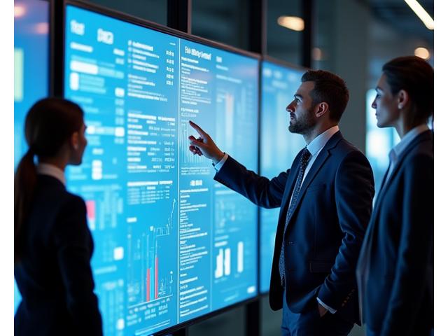 Eine Gruppe von Unternehmensberatern analysiert komplexe Daten und Strategiepläne auf einem großen Bildschirm.