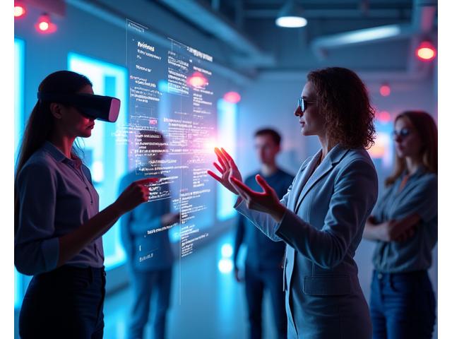 Technologie-Enthusiasten arbeiten an Laptops und interagieren mit Hologrammen, die digitale Datenflüsse darstellen.