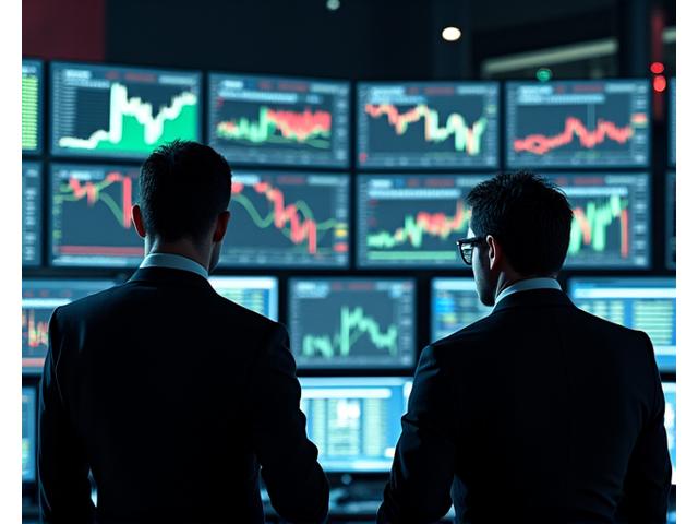 Finanzexperten analysieren komplexe Diagramme und Börsenkurse auf mehreren Bildschirmen in einem Kontrollraum.