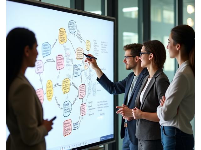Eine junge, aufstrebende Führungskraft leitet eine Brainstorming-Session mit einem engagierten Team von Kollegen.