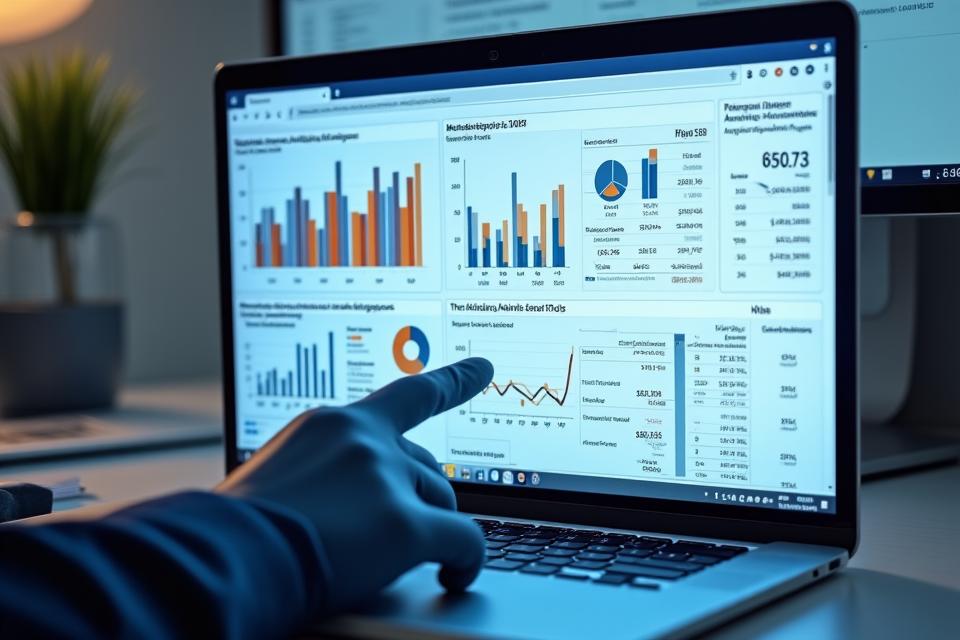 Bildschirmdarstellung von verschiedenen Marketing-Analysetools wie Google Analytics 4 mit Datenvisualisierungen und Diagrammen.