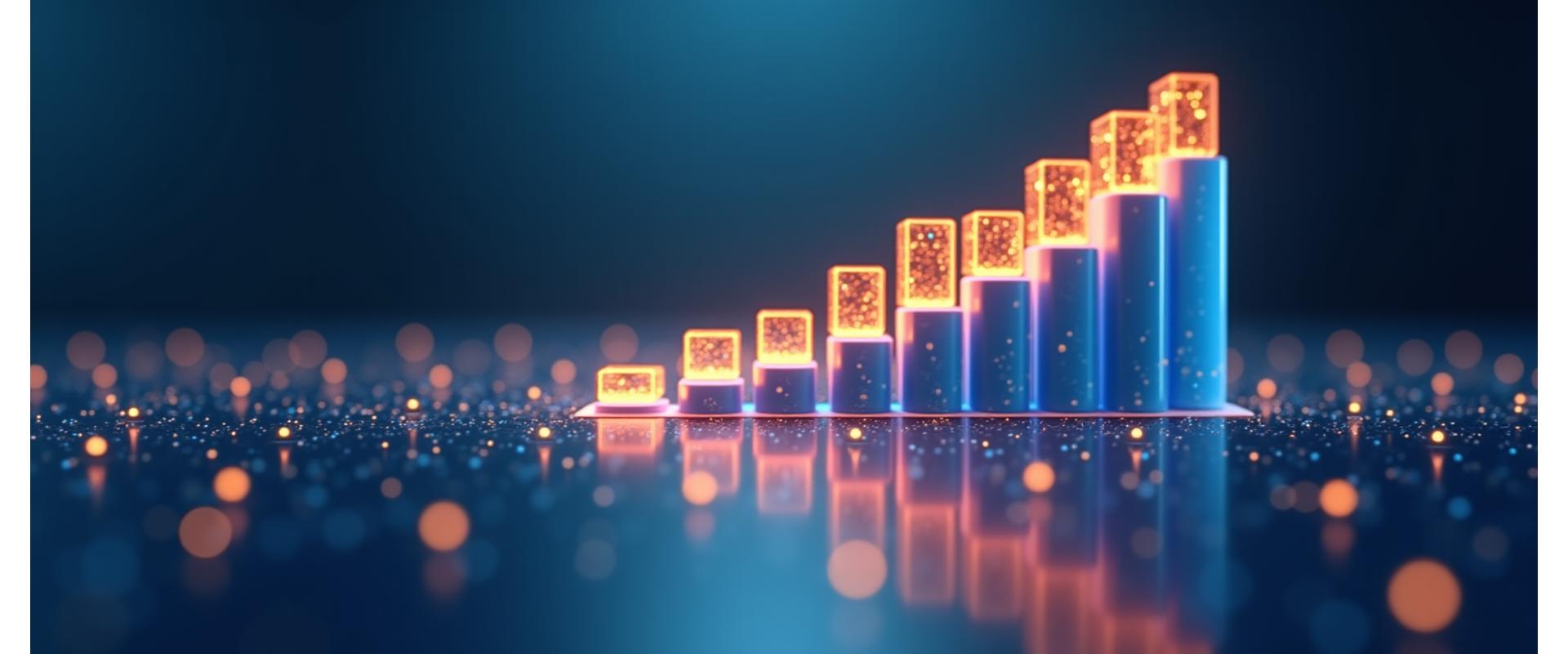 Ein abstraktes, datengesteuertes Dashboard mit aufsteigenden Diagrammen und Graphen, die Marketing-ROI und Wachstum visualisieren.
