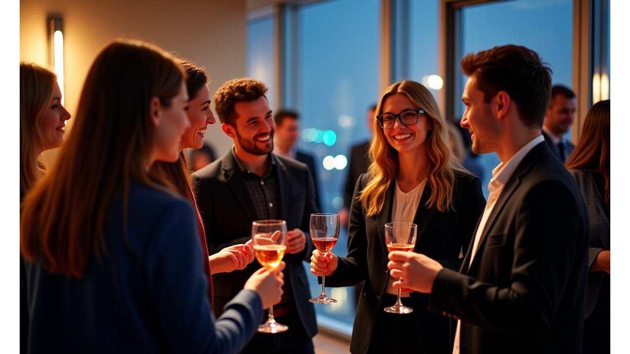 Professionelle Gruppe von MBA-Alumni beim Networking-Event in einer modernen Lounge, lächelnd und sich austauschend.