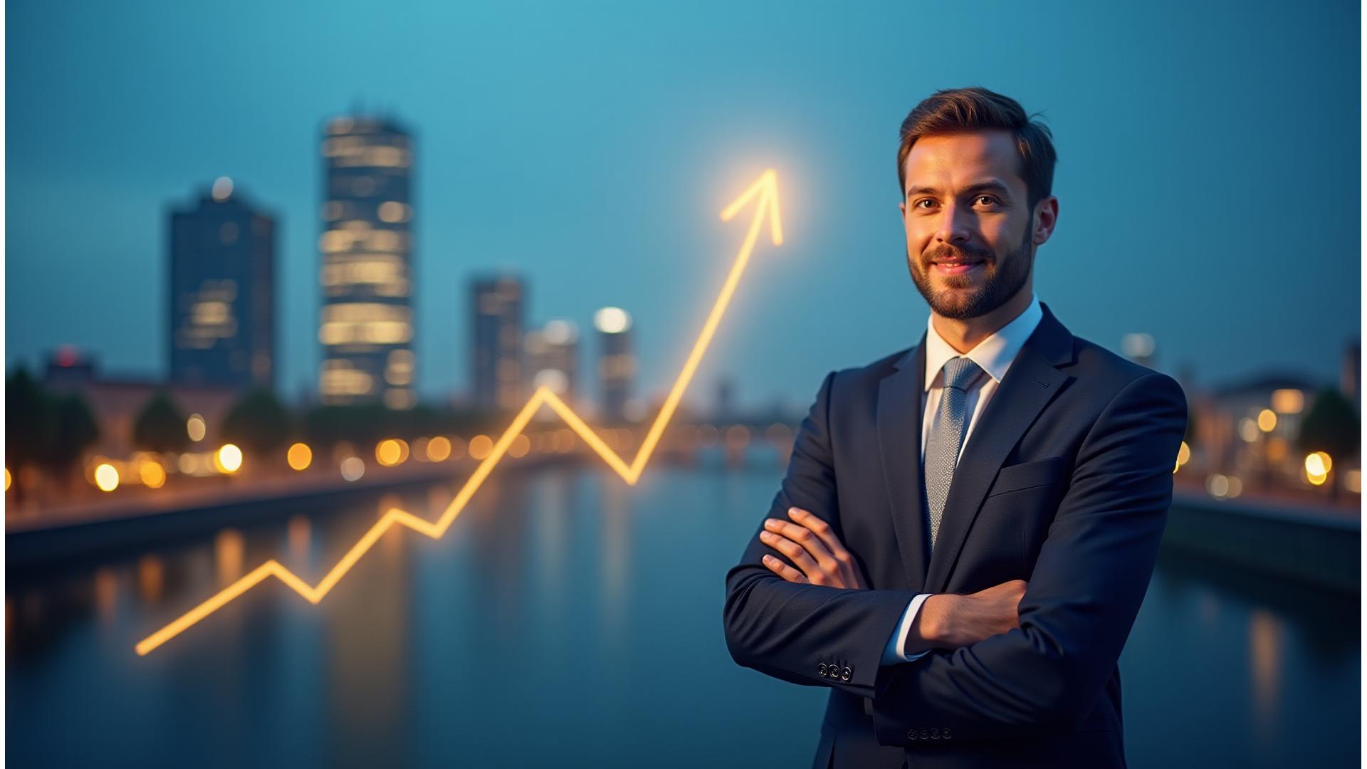 Professionelle Führungskraft vor beleuchteter Skyline von Düsseldorf, im Aufwärtstrend in der Karriere.