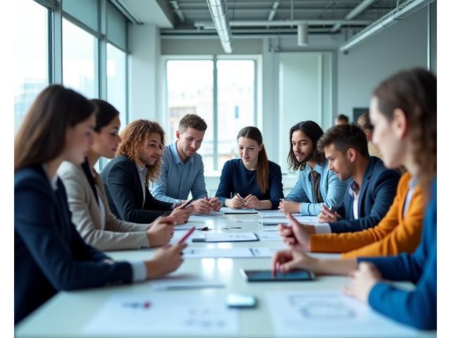 Team von jungen Führungskräften, die in einer modernen Büroumgebung an einem Projektbrett mit Post-its und Diagrammen zusammenarbeiten.
