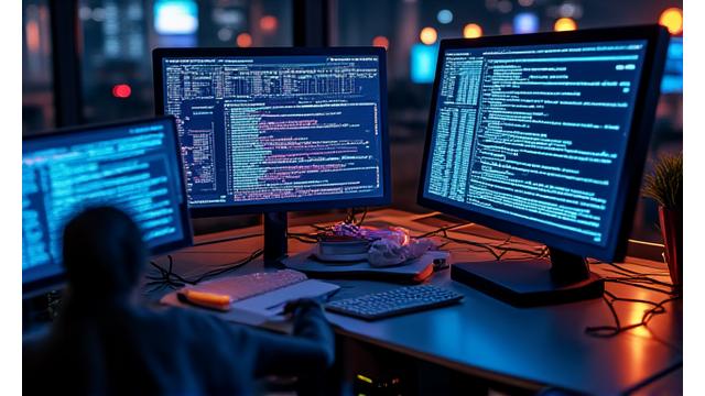 Bild eines Softwareentwicklers vor Code auf mehreren Monitoren