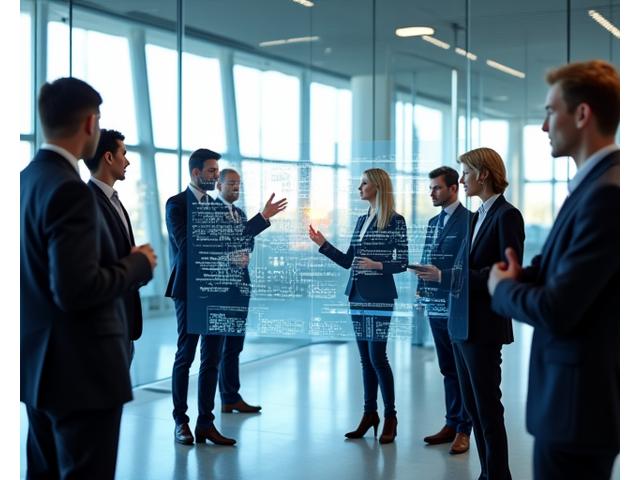 Moderne Architektur und ein Team, das in einem hellen, offenen Büro Ideen austauscht und die Quorbis Akademie repräsentiert.