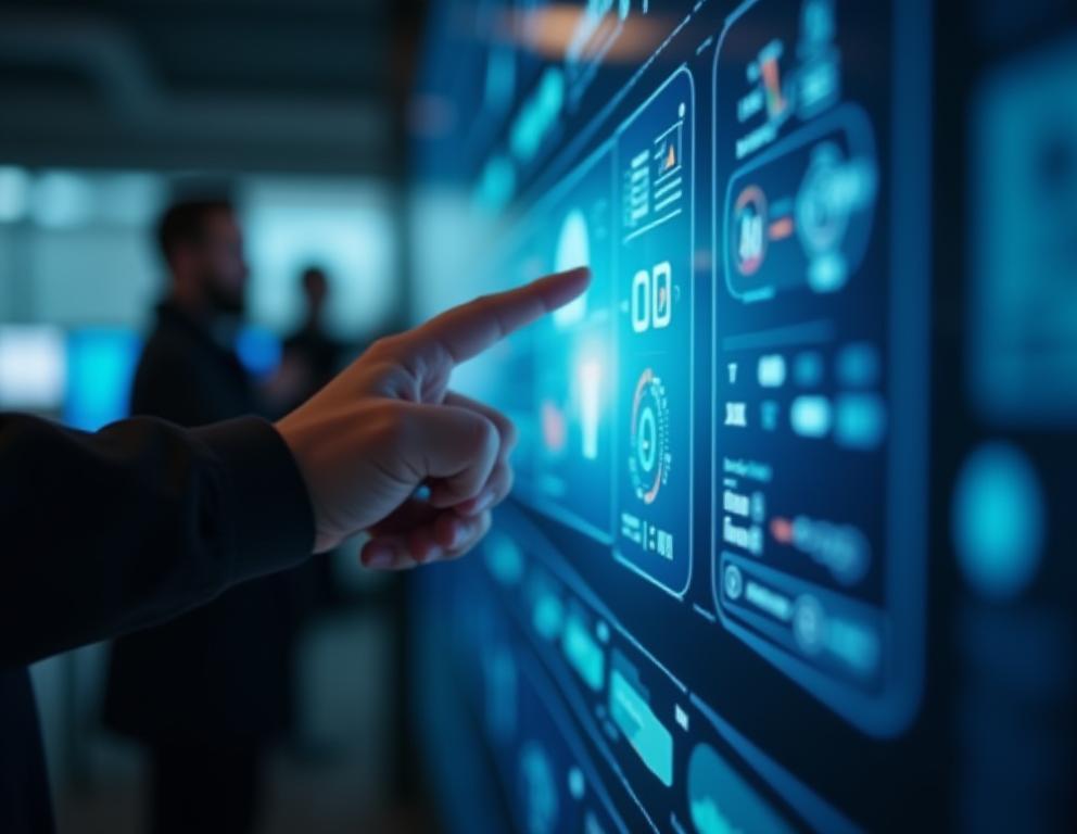 Team arbeitet gemeinsam an digitalen Strategien an einem großen Touchscreen